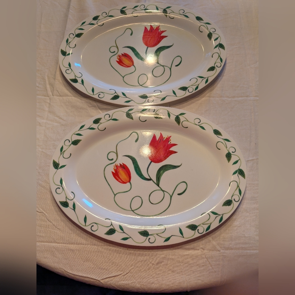 2/16$ Floral Oval Plastic Serving Platters - White with Red and Green Design